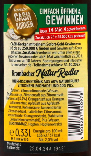 Krombacher Natur Radler 2% vol., 24 x 330ml Flaschen MEHRWEG