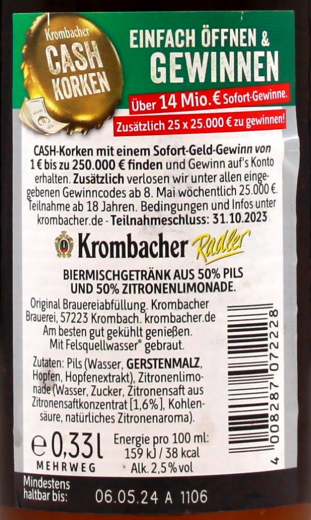 Krombacher Radler 2.5% vol., 24 x 330ml Flaschen MEHRWEG