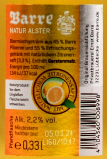 Barre Natur-Alster 2.2% vol., 24 x 330ml Flaschen MEHRWEG