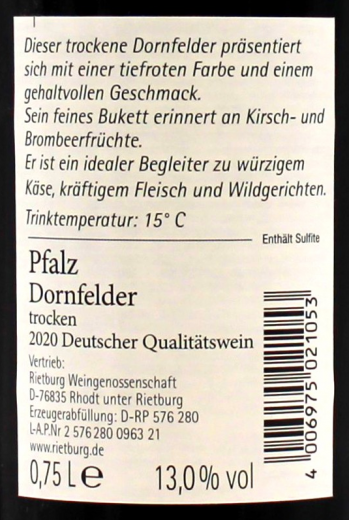 Riedburg Dornfelder Qualitätswein Pfalz Rotwein trocken 13% vol., 6 x 750ml Flaschen