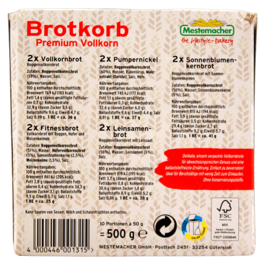 Mestermacher Brotkörbchen premium Vollkornbrot, 12 x 500g Packung