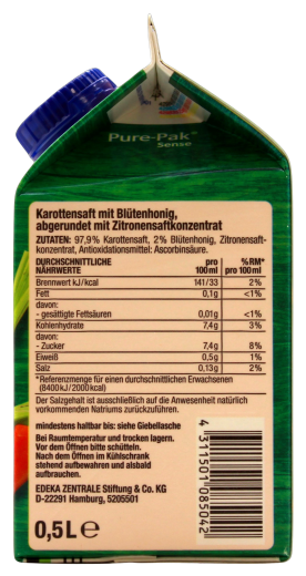 Edeka Herzstücke Karottensaft mit Blütenhonig, 8 x 500ml Getränkekarton