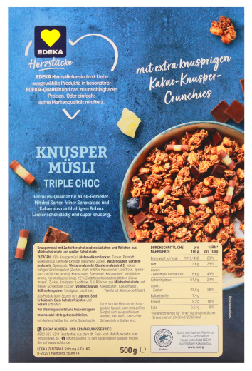 Edeka Herzstücke Knuspermüsli Triple Choc, 3 x 500g Packung