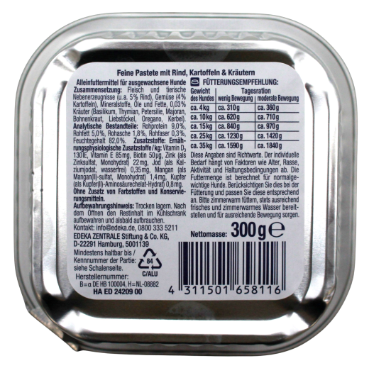Herzstücke Feine Pastete mit Rind Kartoffeln & Kräutern und Schlemmerkern Hundefutter, 10 x 300g Schale