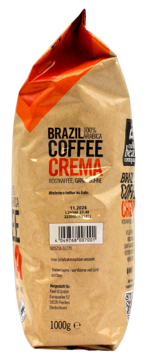 Coffee Bean Company Brazil Coffee Crema 100% Arabica ganze Bohne, 8 x 1 kg Beutel