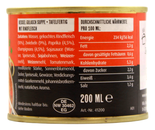 Menzi Kessel Gulasch Suppe mit Rindfleisch, 4 x 5 x 200ml Dosen