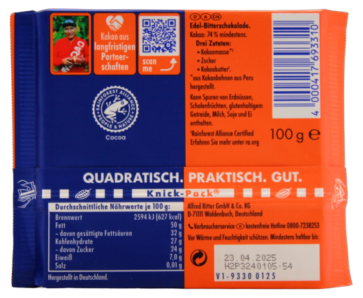 Ritter Sport Kakao Klasse 74% die Kräftige Schokolade, 12 x 100g Tafel