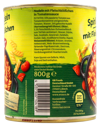 Erasco Spirli-Nudeln mit Fleischklößchen, 3 x 800g Dose