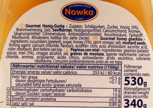 Nowka Gourmet Honig Gurken natürlich süß, 5 x 340g Glas