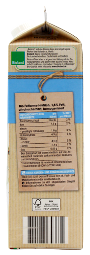Edeka Bio fettarme H-Milch 1,5% Fett, 10 x 1 l Getränkekarton