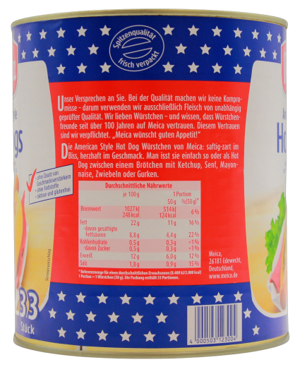 Meica American Style Hot Dogs Würstchen, 2 x 1.65 kg Dose