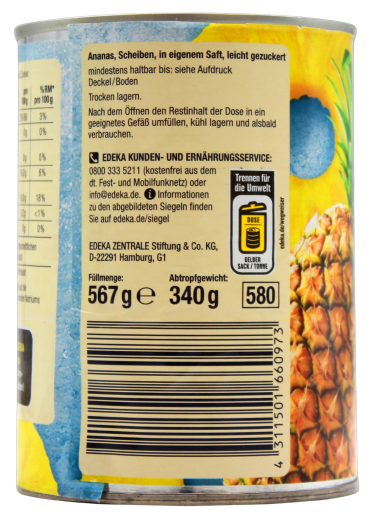 Edeka Herzstücke Ananasscheiben leicht gezuckert, 6 x 340g Dose