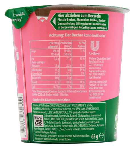 Knorr Pasta Pot Käse & Sahne, 8 x 63g Becher