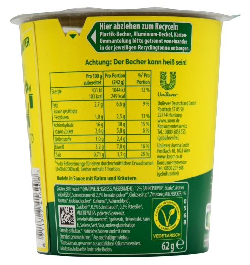 Knorr Pasta Pot Rahm & Kräuter, 8 x 62g Becher