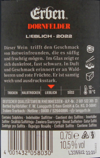 Erben Dornfelder Rotwein lieblich 10.5% vol., 6 x 0.75 l Flasche