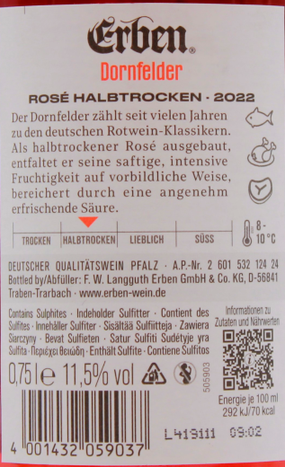 Erben Dornfelder Rosèwein halbtrocken 11.5% vol., 6 x 0.75 l Flasche