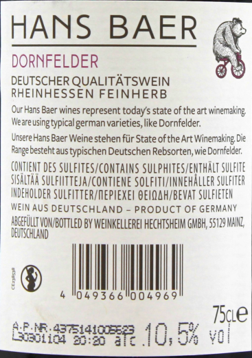 Hans Baer Dornfelder Rotwein feinherb 10.5% vol., 6 x 0.75 l Flasche
