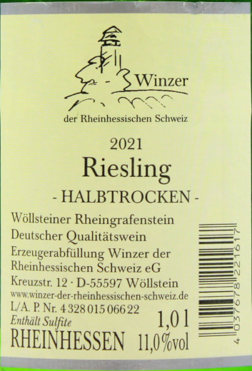 Winzer der Rheinhessischen Schweiz Riesling Weißwein halbtrocken 11% vol., 6 x 1 l Flasche