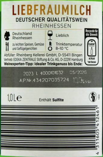 Liebfraumilch weiß deutscher Qualitätswein lieblich 10% vol., 6 x 1 l Flasche