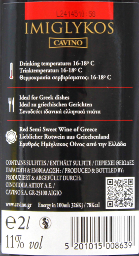 Cavino Imiglykos Rotwein lieblich 11% vol., 6 x 2 l Flasche