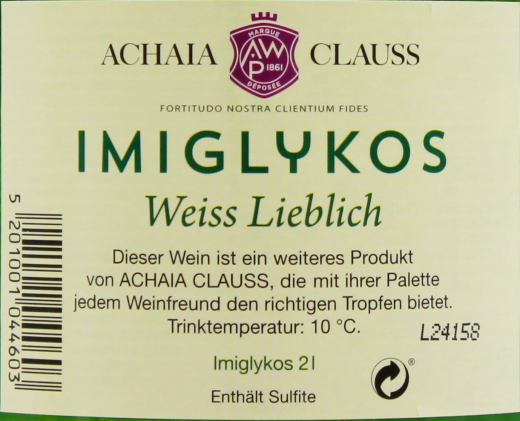 Achaia Clauss Imiglykos Weißwein lieblich 11% vol., 6 x 2 l Flasche