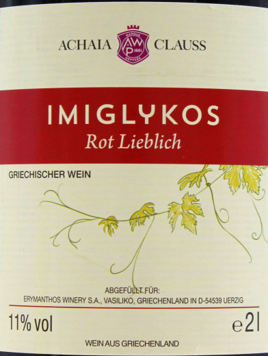 Achaia Clauss Imiglykos Rotwein lieblich 11% vol., 6 x 2 l Flasche