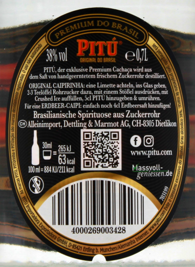 Pitu Cachaca 38% vol., 6 x 0.7 l Flasche
