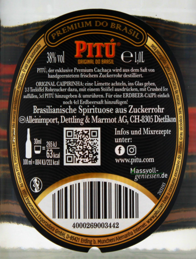 Pitu Cachaca 38% vol., 1 x 1 l Flasche
