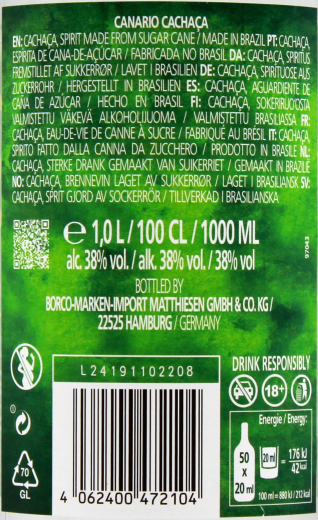 Canario Cachaca 38% vol., 1 x 1 l Flasche