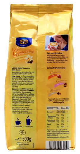 Krüger Family Cappuccino White-Vanille Getränkepulver, 6 x 500g Beutel.