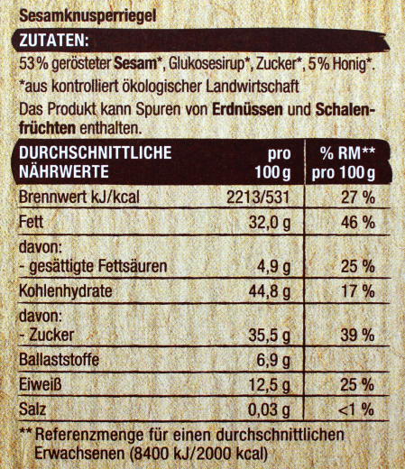 Bio Sesam Knusperriegel, 10 x 75g Packung