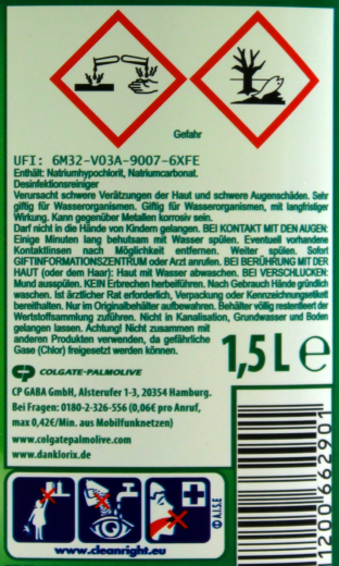 Danklorix Hygiene-Reiniger mit Aktiv Chlor grüne Frische, 4 x 1.5 l Flasche