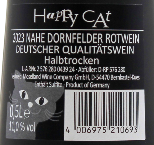 Happy Cat Nahe Dornfelder Rotwein halbtrocken 11% vol., 12 x 0.5 l Flasche