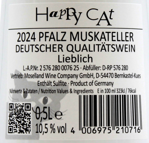 Happy Cat Pfalz Muskateller Weißwein lieblich 10.5% vol., 12 x 0.5 l Flasche