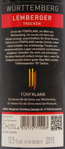 Fünfklang Lemberger Württemberg Rotwein trocken 12,5% vol., 6 x 0.75 l Flasche