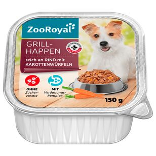 ZooRoyal Hundefutter Grillhappen reich an Rind mit Karottenwürfeln, 11 x 150g Schale