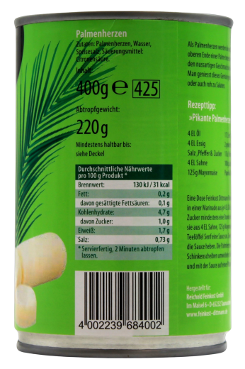 Feinkost Dittmann Palmen Herzen natur mild würzig, 6 x 220g Dose