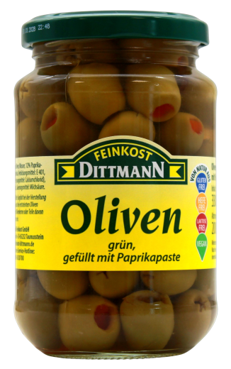 Feinkost Dittmann grüne Oliven gefüllt mit Paprikapaste, 6 x 330g Glas