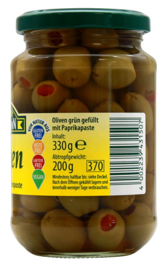 Feinkost Dittmann grüne Oliven gefüllt mit Paprikapaste, 6 x 330g Glas