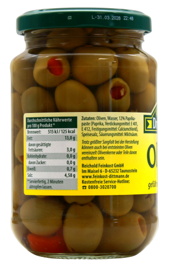 Feinkost Dittmann grüne Oliven gefüllt mit Paprikapaste, 6 x 330g Glas