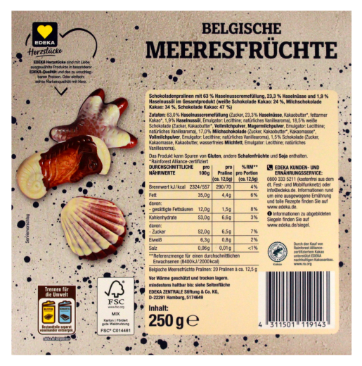 Herzstücke Belgische Meeresfrüchte Premium Pralinen, 6 x 250g Schachtel