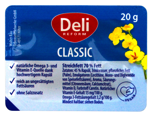 Deli Reform Classic Margarine 70% Fett, 120 x 20g Portionsschale