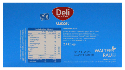 Deli Reform Classic Margarine 70% Fett, 120 x 20g Portionsschale