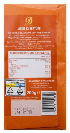 Donckels weiße Kuvertüre 26% Kakao, 17 x 200g Tafel