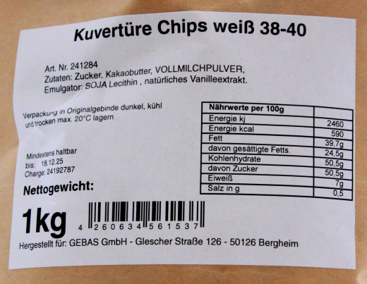 Duliamo Kuvertüre-Chips weiss, 1 x 1kg Beutel