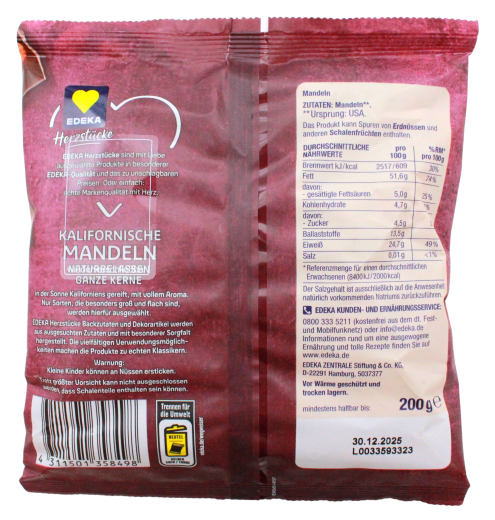 Herzstücke kalifornische Mandeln naturbelassen ganze Kerne, 15 x 200g Beutel