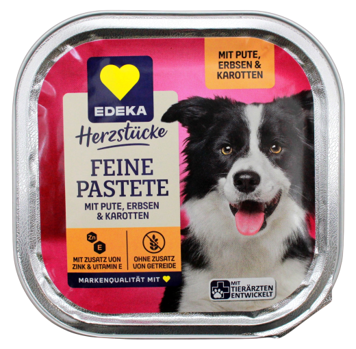 Herzstücke Feine Pastete mit Pute, Erbsen & Karotten Hundefutter, 10 x 300g Schale