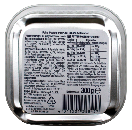 Herzstücke Feine Pastete mit Pute, Erbsen & Karotten Hundefutter, 10 x 300g Schale