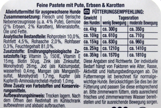 Herzstücke Feine Pastete mit Pute, Erbsen & Karotten Hundefutter, 10 x 300g Schale