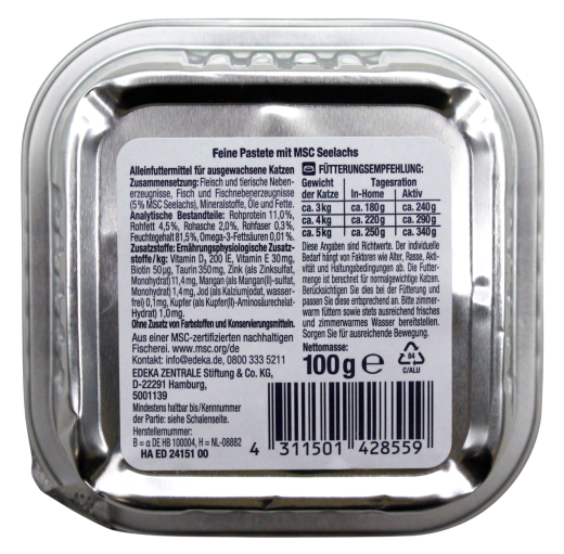 Herzstücke Feine Pastete mit MSC Seelachs Katzenfutter, 16 x 100g Schale